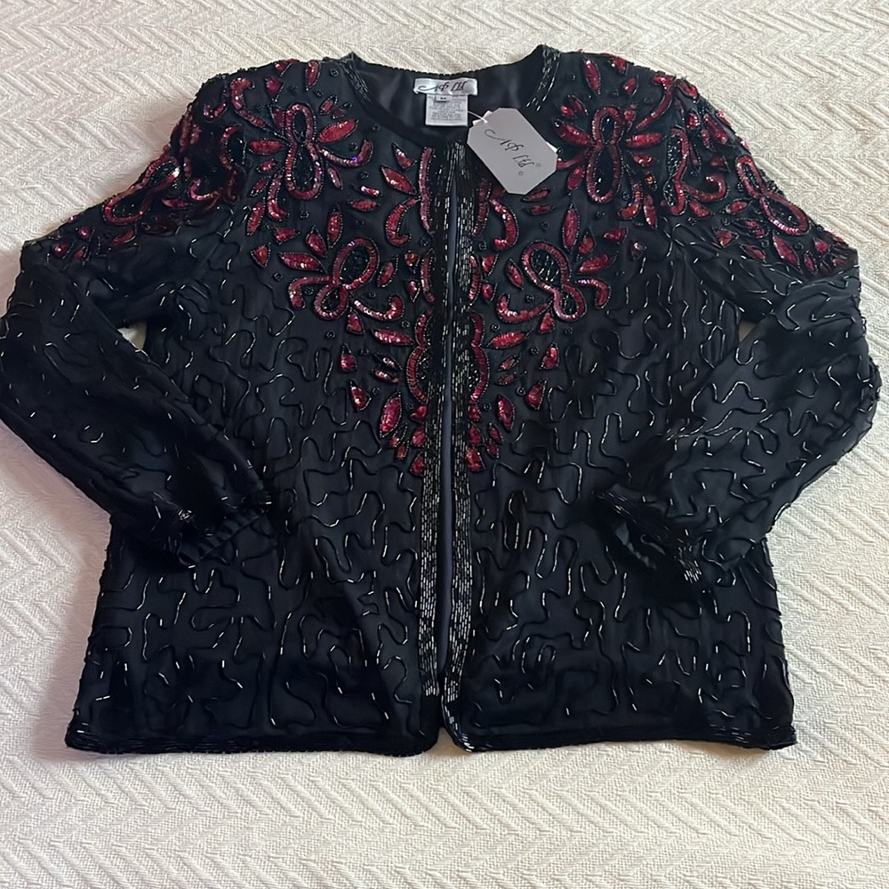 Vintage Beaded Jacket Sequins Black Red  Valentine Medium NWT - Picture 2 of 11